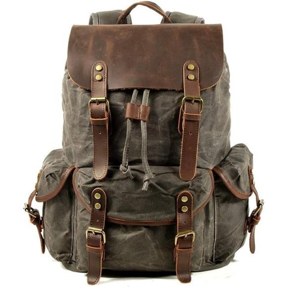 Leather Backpack for Men Waxed Canvas Shoulder Rucksack Carry-On Travel Backpack - Picture 1 of 6